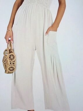 Women's Cream Wide-Leg Jumpsuit with Pockets